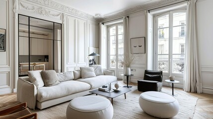 Fototapeta premium Modern Living Room Interior with White Sofa and Large Windows