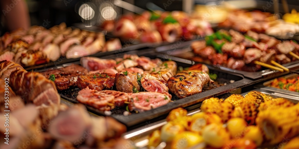 Poster selective focus on various meats at a buffet with shallow depth of field