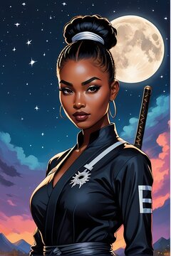 Black Woman Ninja Cartoon with Top Knot Bun Wearing  Black & White Ninja Uniform with Sword, Night Sky with Full Moon, Cartoon Character Illustration