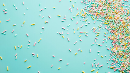 colorful sprinkles scattered across an isolated muted aqua marine background