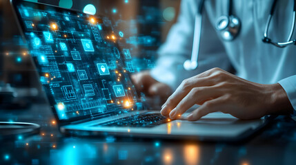 A professional using a laptop with digital health data visualization.