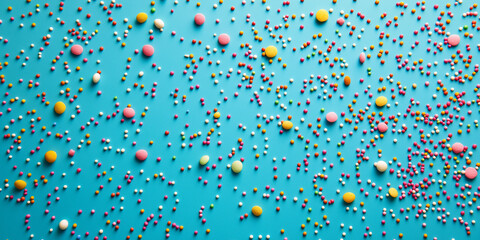 colorful sprinkles scattered across an isolated muted aqua marine background