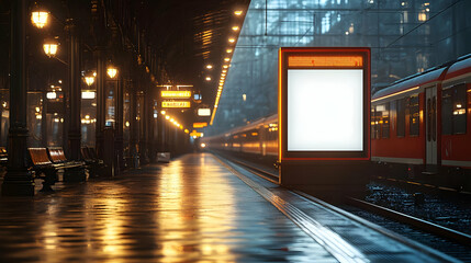 A quiet train station platform at dusk with an empty advertisement board.