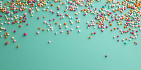 colorful sprinkles scattered across an isolated muted aqua marine background