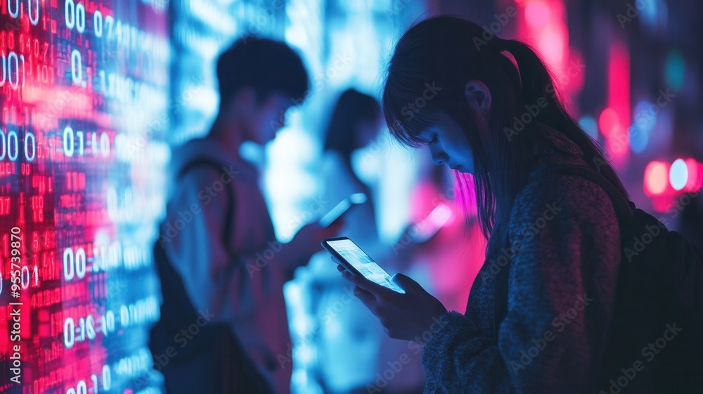 Poster individuals bow their heads focusing on smartphone screens, immersed in a world of digital numbers a