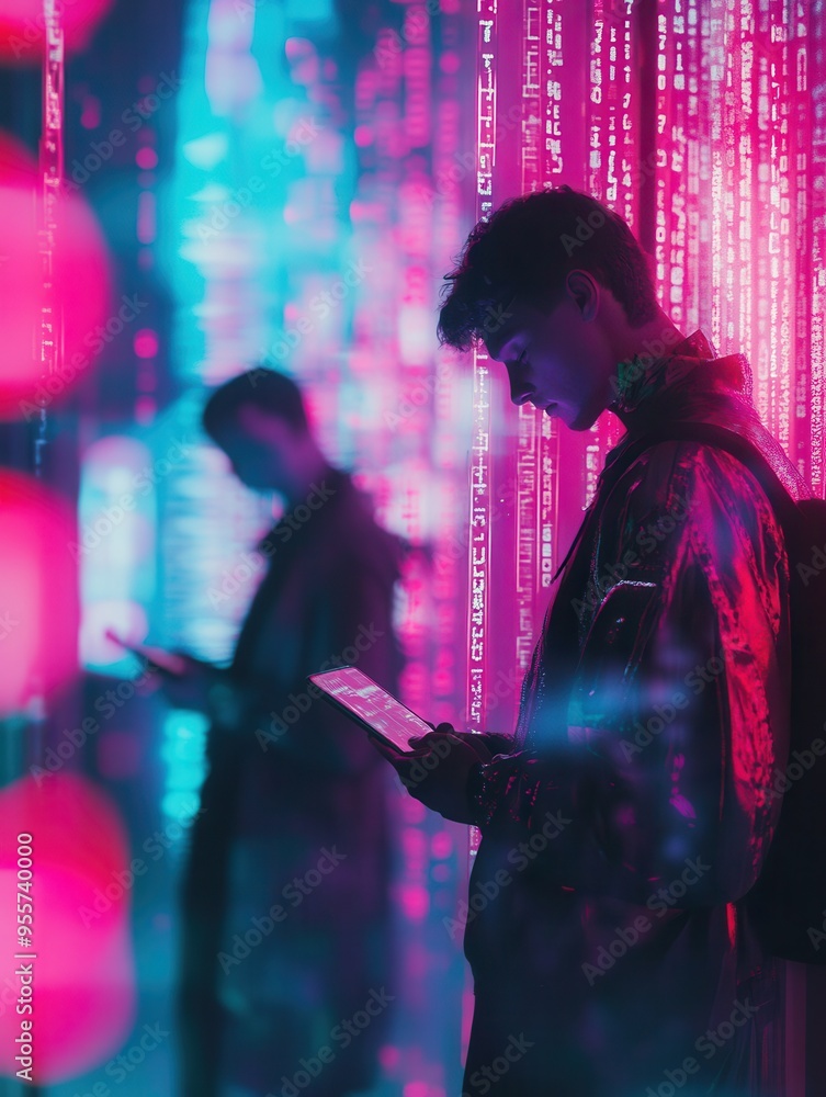 Aufkleber two individuals focus on their smartphones, surrounded by floating digital numbers, depicting solitu