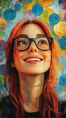 a womans portrait with crooked glasses and a grin is encircled by witty speech bubbles, creating a funny and lighthearted concept poster