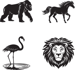 Obraz premium Cute animal Lion,Gorilla,Horse, Flamingo silhouette vecto illustration clipart on white background.eps