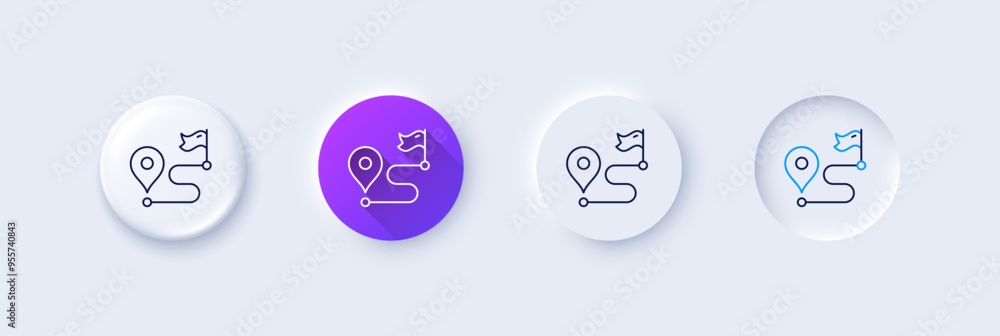 Poster journey line icon. neumorphic, purple gradient, 3d pin buttons. road path sign. route map distance s