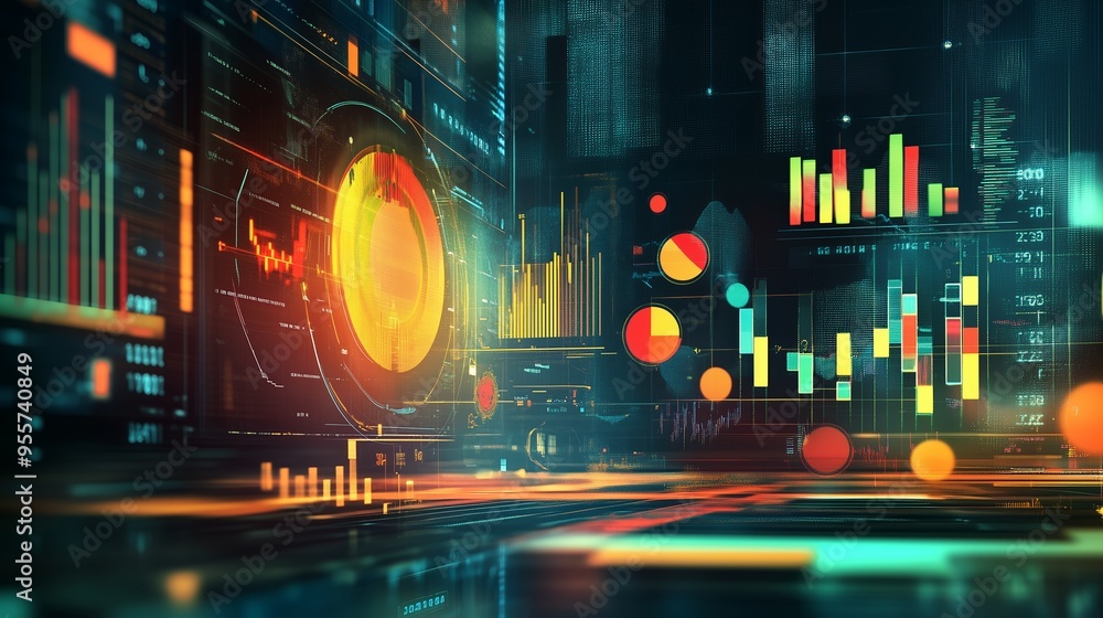 Poster colorful digital data visualization with graphs and charts representing financial analytics in a mod
