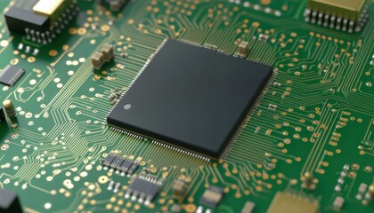 Green circuit board with black microchip