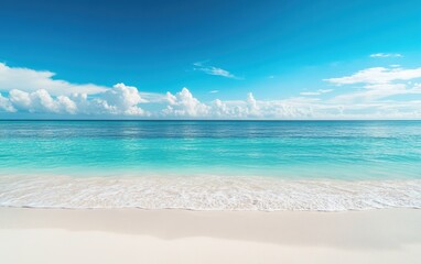 Obraz premium Beautiful beach with white sand and turquoise water on the background of blue sky, summer vacation concept banner