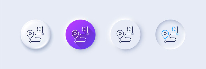 Journey line icon. Neumorphic, Purple gradient, 3d pin buttons. Road path sign. Route map distance symbol. Line icons. Neumorphic buttons with outline signs. Vector