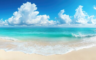 Obraz premium Beautiful beach with white sand and turquoise water on the background of blue sky, summer vacation concept banner
