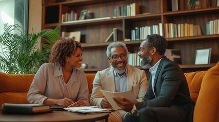 Fototapeta premium Three professionals engaged in a lively discussion while reviewing documents in a cozy office during a sunny afternoon