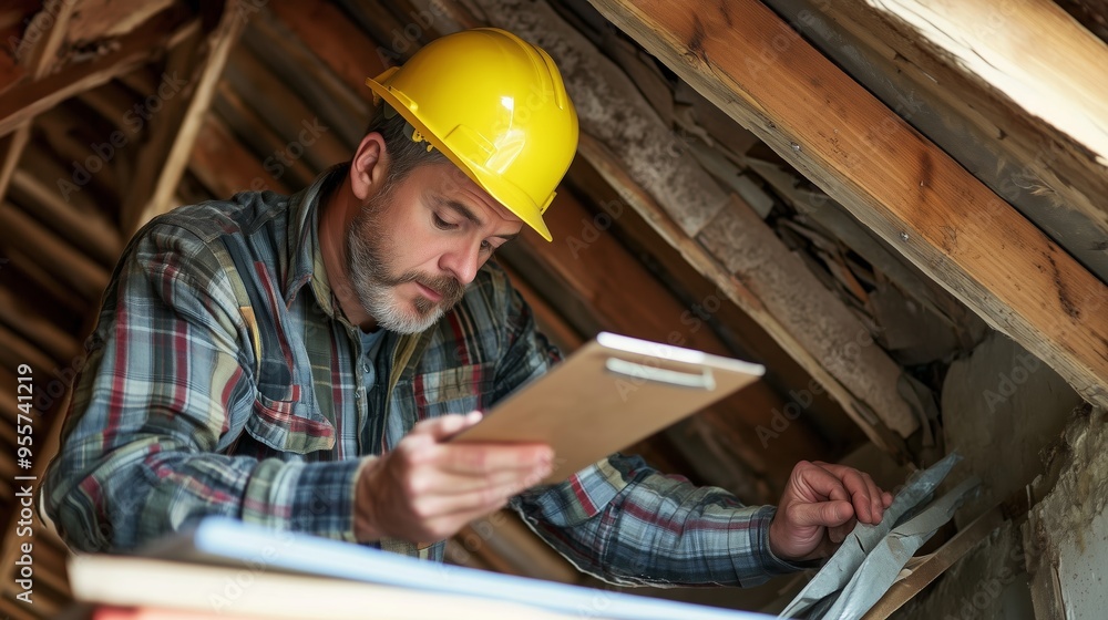Poster skilled worker inspecting roof structure while taking notes in a residential attic during daylight h
