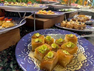 Different tasty desserts on table. Buffet service