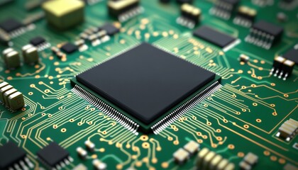 Obraz premium Green circuit board with black microchip