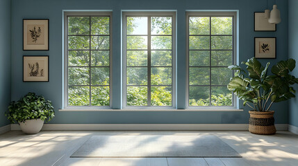 A serene room with large windows, plants, and natural light.