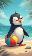 Naklejka premium Playful little penguin in the underwater world sitting on a bright sandy beach holding a colorful beach ball with curious eyes, a lively and cheerful beach scene full of joy 