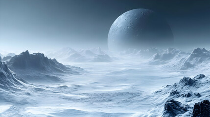 A serene, icy landscape with a distant planet looming above.