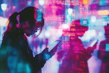 Individuals scroll on smartphones, their heads bowed, surrounded by digital codes, conveying a sense of isolation in a bustling city. Generative AI