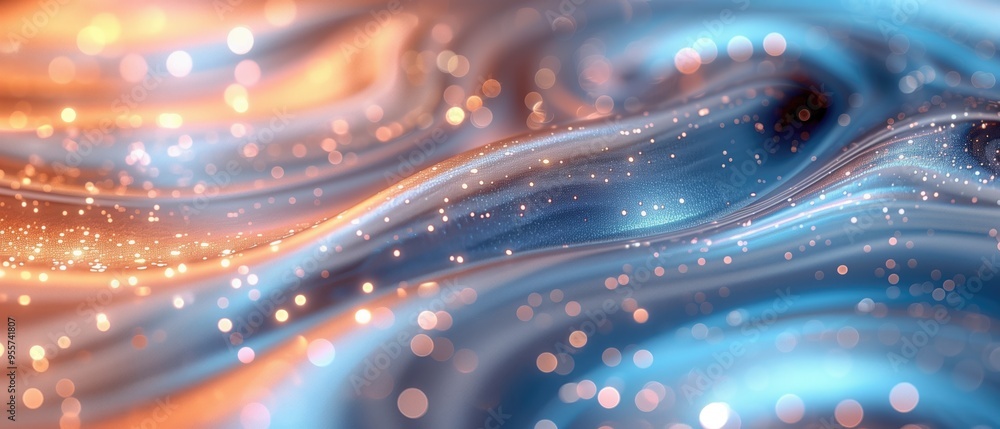 Poster dynamic flow of abstract waves in soothing blue and warm orange hues. light and color with sparkling