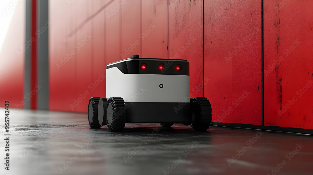 Poster a small delivery robot navigating a corridor with red walls.