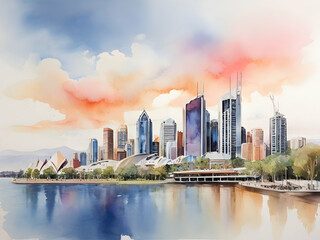 Naklejka premium Brisbane city Australia watercolor art