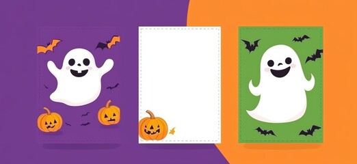 Halloween party invitation or greeting card design. Cute symbols like a pumpkin, a ghost and a bat. Halloween background wallpaper pattern.