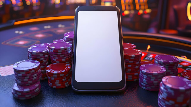 A smartphone surrounded by colorful poker chips on a casino table.