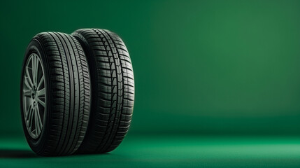 Two car tires positioned on a green background with ample copy space, ideal for banners or advertisements