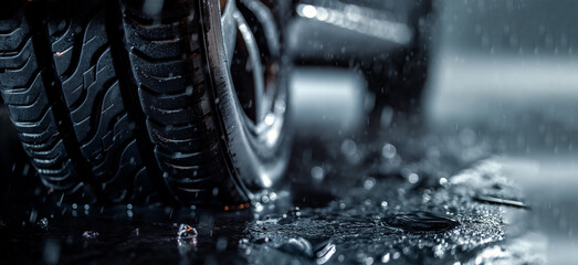 Fototapeta premium Close-up of car tires on a wet road with rain, providing a dark background with copy space