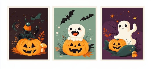 Halloween party invitation or greeting card design. Cute symbols like a pumpkin, a ghost and a bat. Halloween background wallpaper pattern.