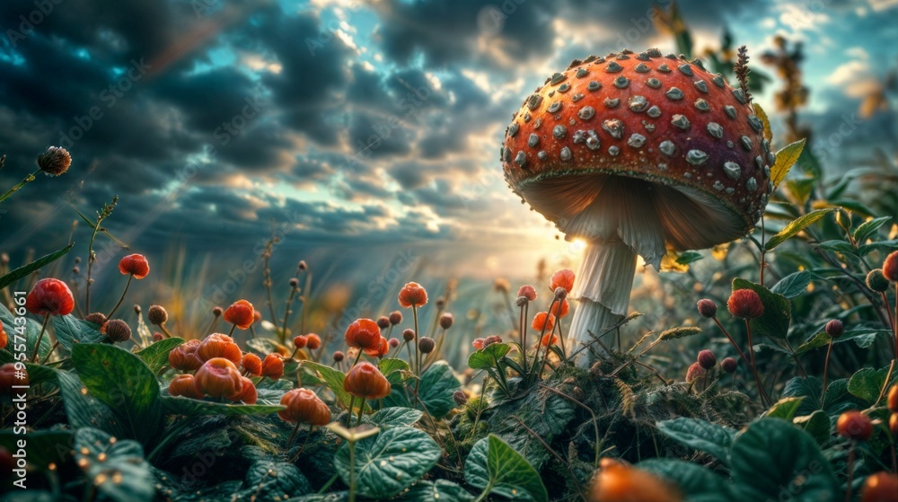 Poster a large mushroom surrounded by small red berries glows in the sunrise light, creating a magical and 