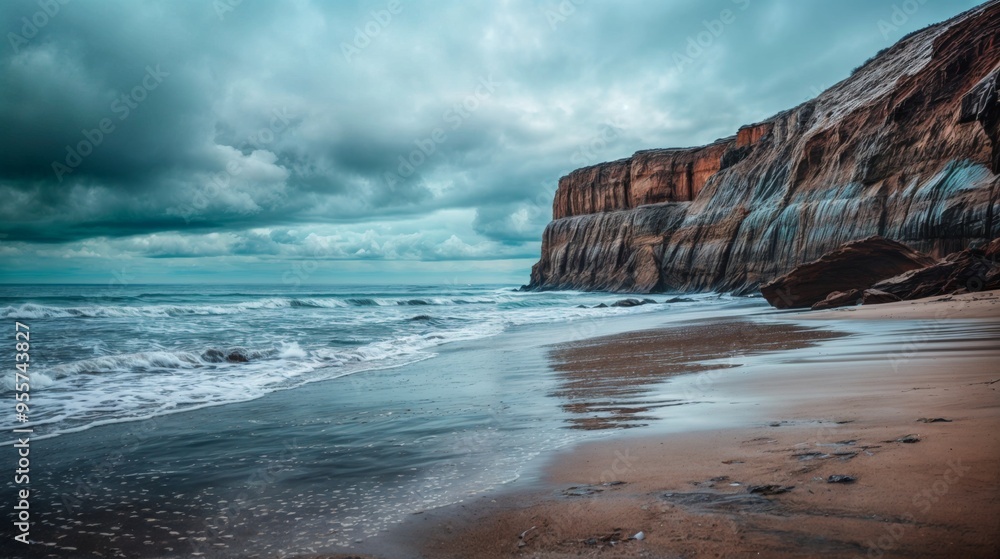 Poster a coastal scene featuring towering cliffs by the ocean, beneath a moody, cloudy sky with waves crash