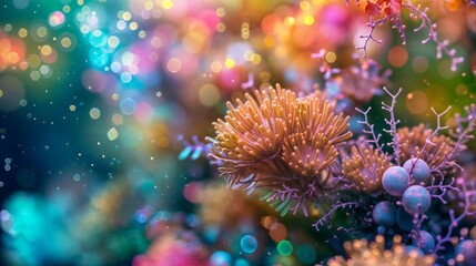 Fototapeta premium A vivid macro photograph capturing the intricate details of colorful coral surrounded by vibrant bokeh lights..