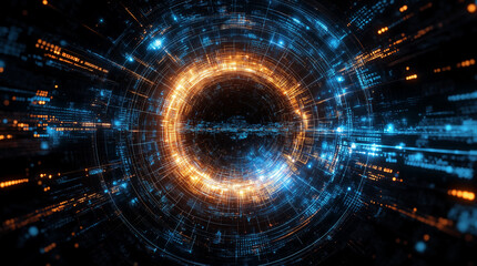 Obraz premium Futuristic digital portal with glowing energy streams, Abstract technological concept of quantum computing and artificial intelligence
