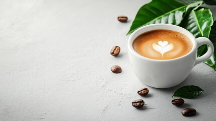 A Cup of Cappuccino with a Heart Design and Coffee Beans on a Gray Surface