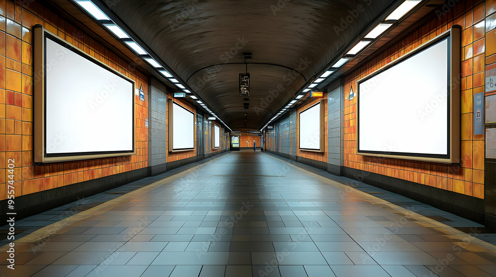 Poster a spacious subway corridor with empty advertisement frames.
