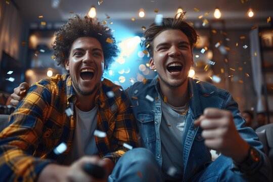 Football frenzy: fans enjoying a football match on the tv at home, show the camaraderie of sports enthusiasts bonding over live matches, beers, and popcorn