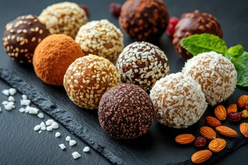 Variety of healthy energy balls. These energy balls are perfect for a healthy snack or dessert.