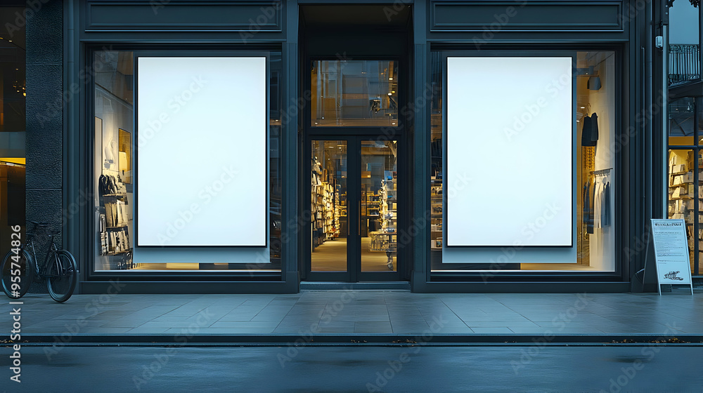 Poster a storefront with empty display windows and a welcoming entrance.