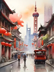 Shanghai city China watercolor art