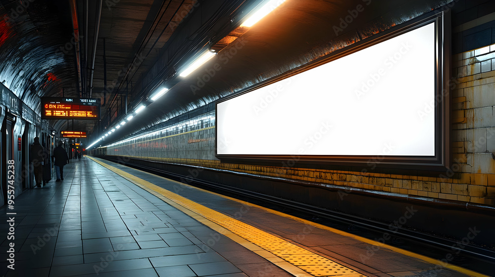 Poster a subway platform with an empty advertisement space.