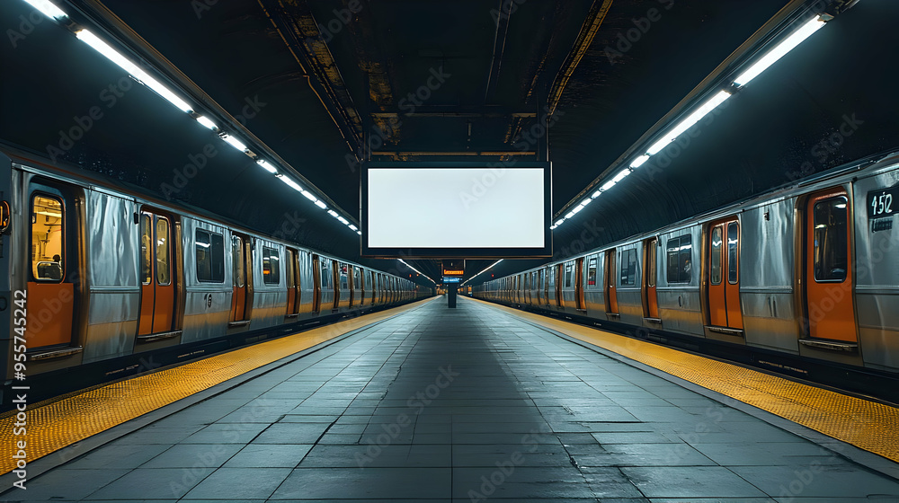 Poster a subway station with empty platforms and illuminated signage.
