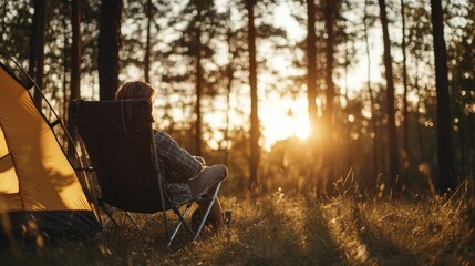 A man sits in a chair in a forest. This image is ideal for illustrating the concept of relaxation and enjoying nature.