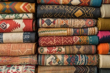 A colorful stack of patterned rugs. Perfect for an advertisement for home decor or a travel blog.