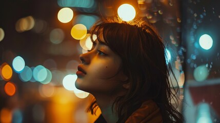 A close-up of a woman looking thoughtful in a city at night, with colorful bokeh lights creating a dreamy atmosphere..