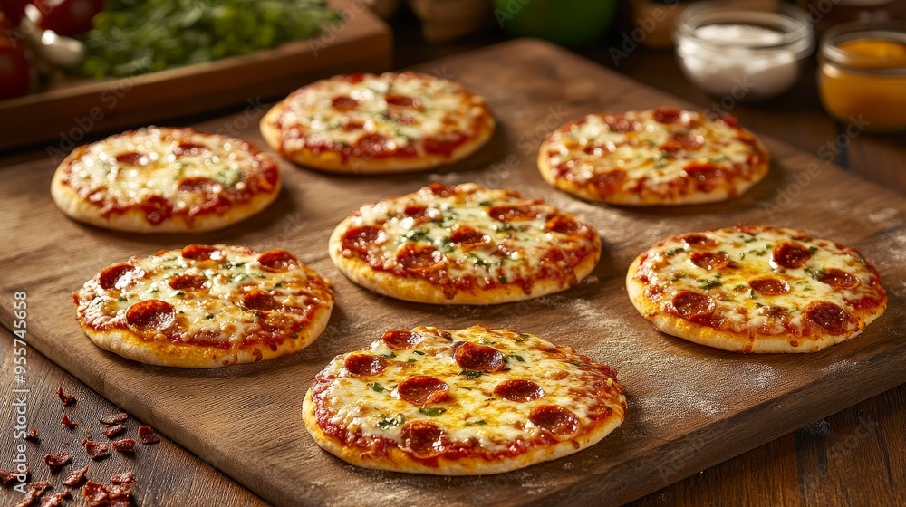 Poster delicious mini pizzas with assorted toppings arranged in an inviting display